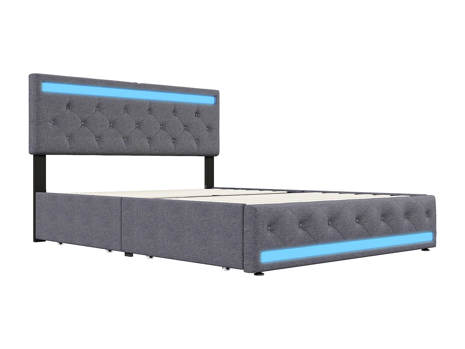 Lit 140x190 - NEXU - 4 tiroirs - RGB LED - Tête de lit - lit double - USB - Lin - Gris