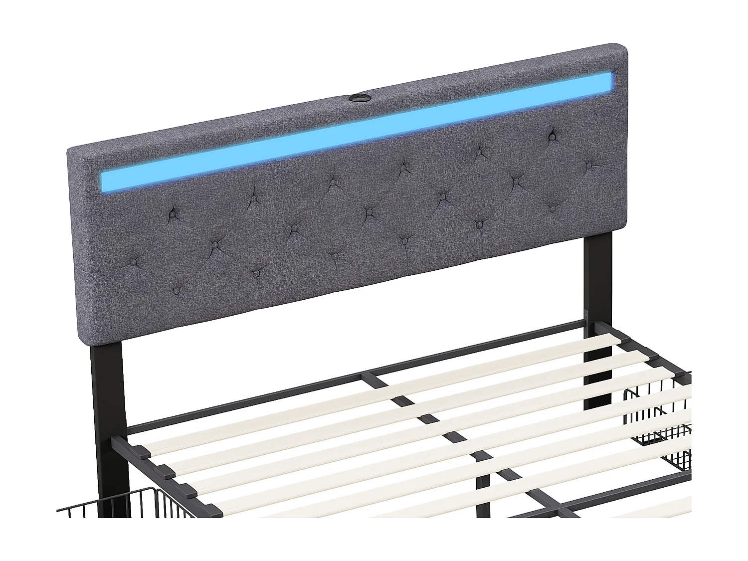Lit 140x190 - NEXU - 4 tiroirs - RGB LED - Tête de lit - lit double - USB - Lin - Gris