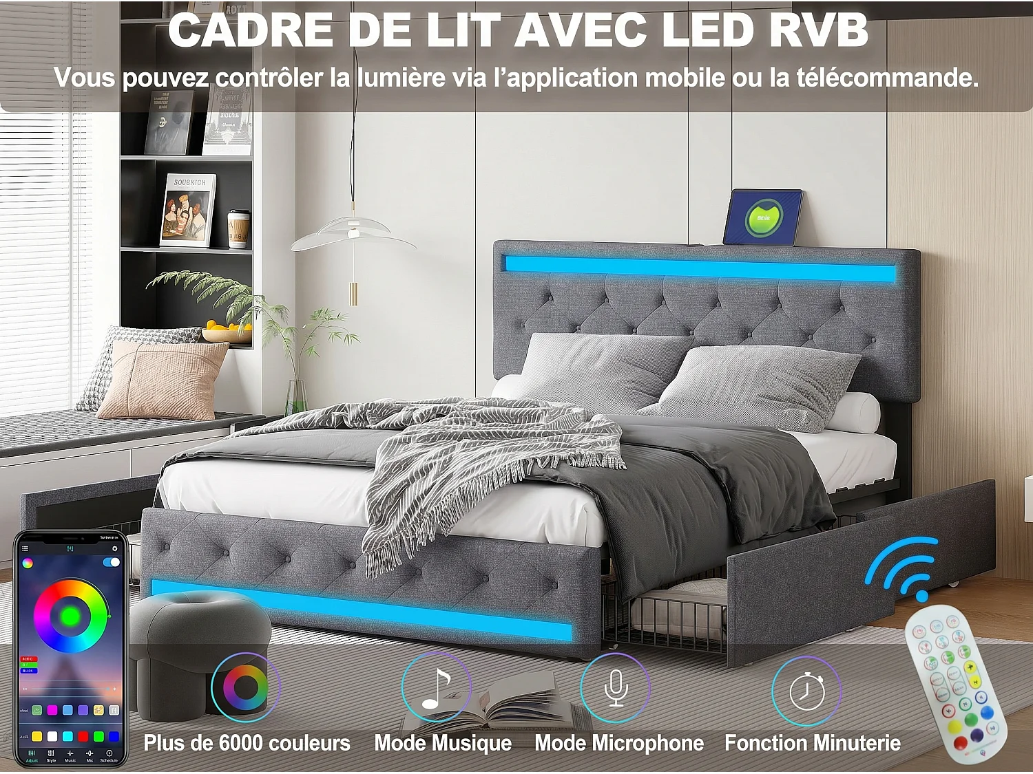Lit double 140x190 NEXU Gris | Tête de lit Lin, 4 tiroirs de rangement, LED RGB, port USB, cadre lit adulte