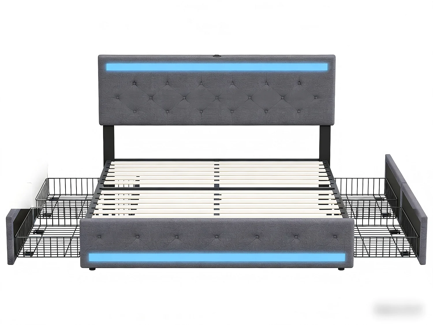 Lit double 140x190 NEXU Gris | Tête de lit Lin, 4 tiroirs de rangement, LED RGB, port USB, cadre lit adulte