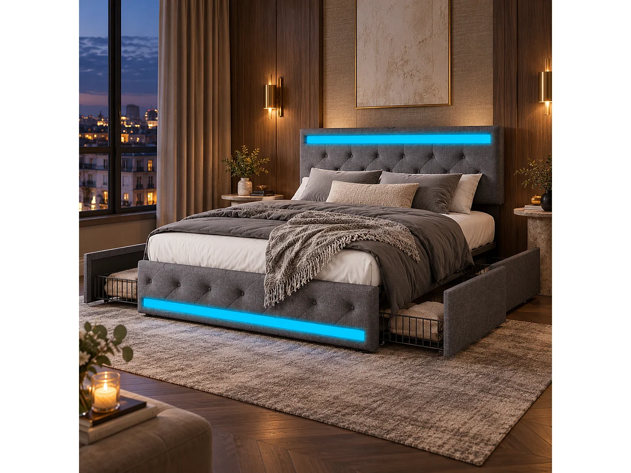 Lit double 140x190 NEXU Gris | Tête de lit Lin, 4 tiroirs de rangement, LED RGB, port USB, cadre lit adulte