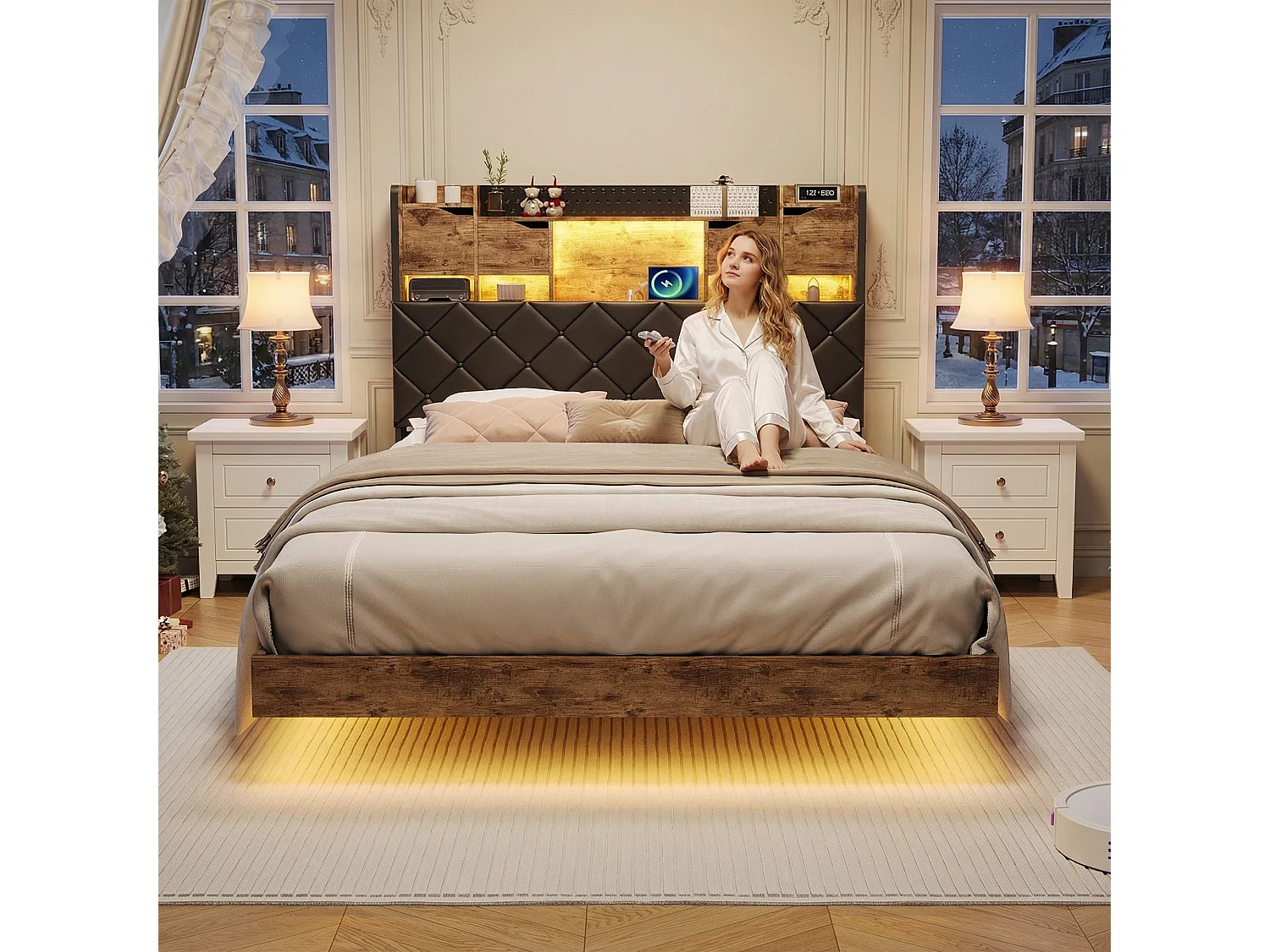 Cadre de lit 140x190 cm, LED et USB, lit flottant, avec Sommier à Lattes, lit double, PU, noir