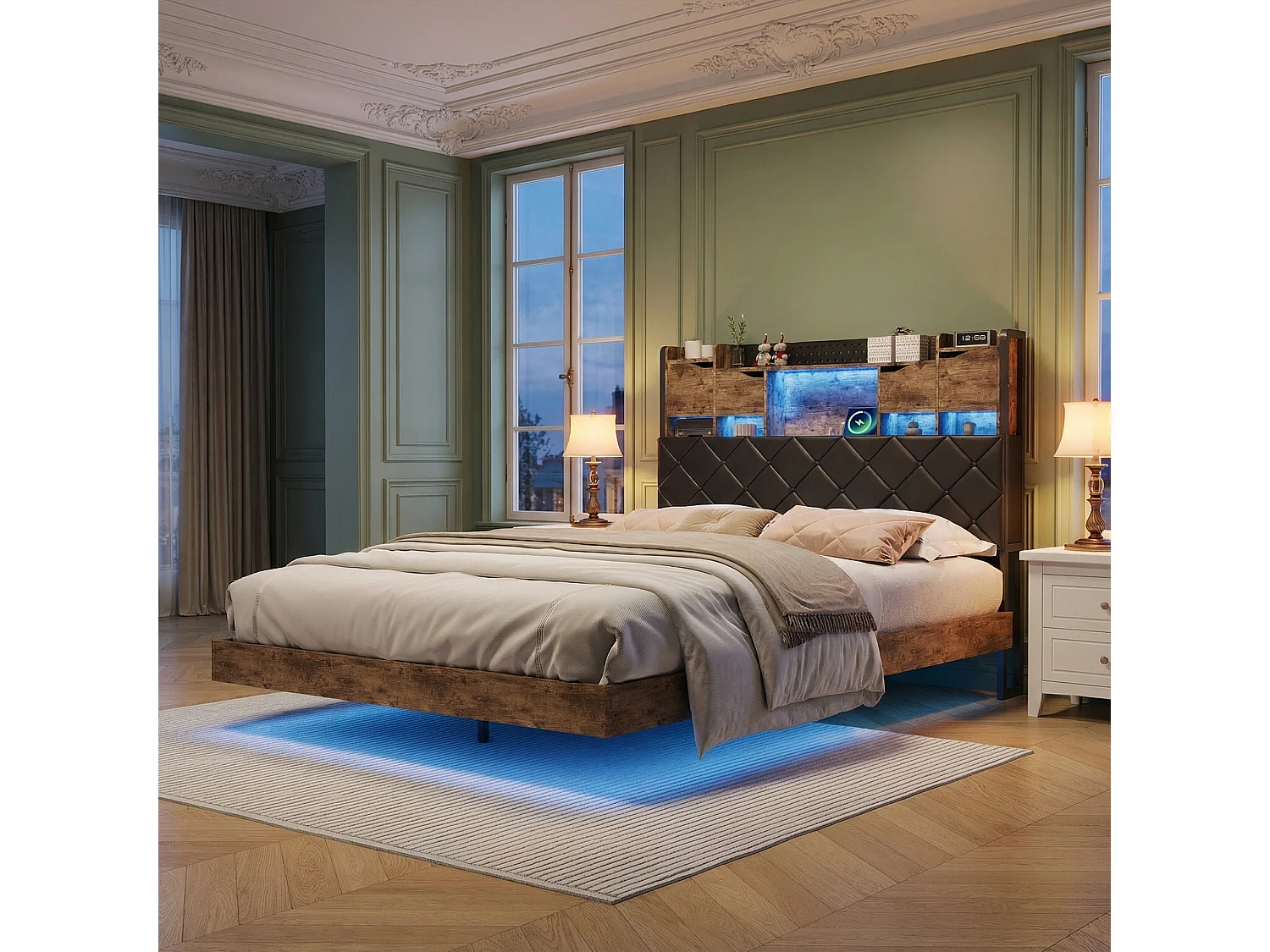 Cadre de lit 140x190 cm, LED et USB, lit flottant, avec Sommier à Lattes, lit double, PU, noir