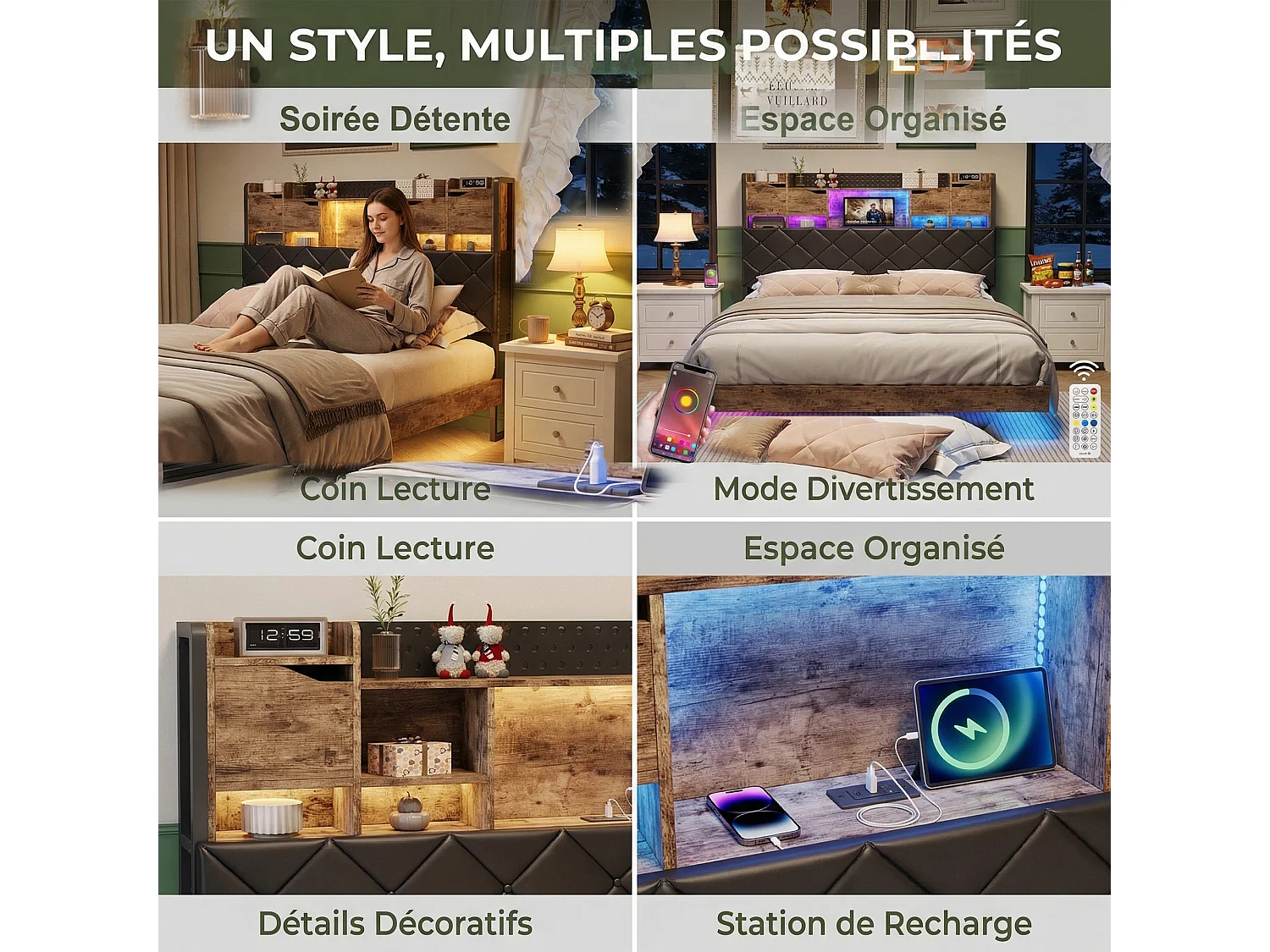 Cadre de lit 140x190 cm, LED et USB, lit flottant, avec Sommier à Lattes, lit double, PU, noir