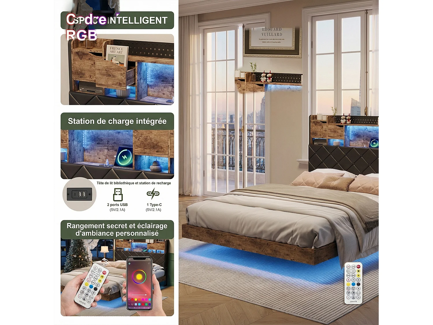Cadre de lit 140x190 cm, LED et USB, lit flottant, avec Sommier à Lattes, lit double, PU, noir