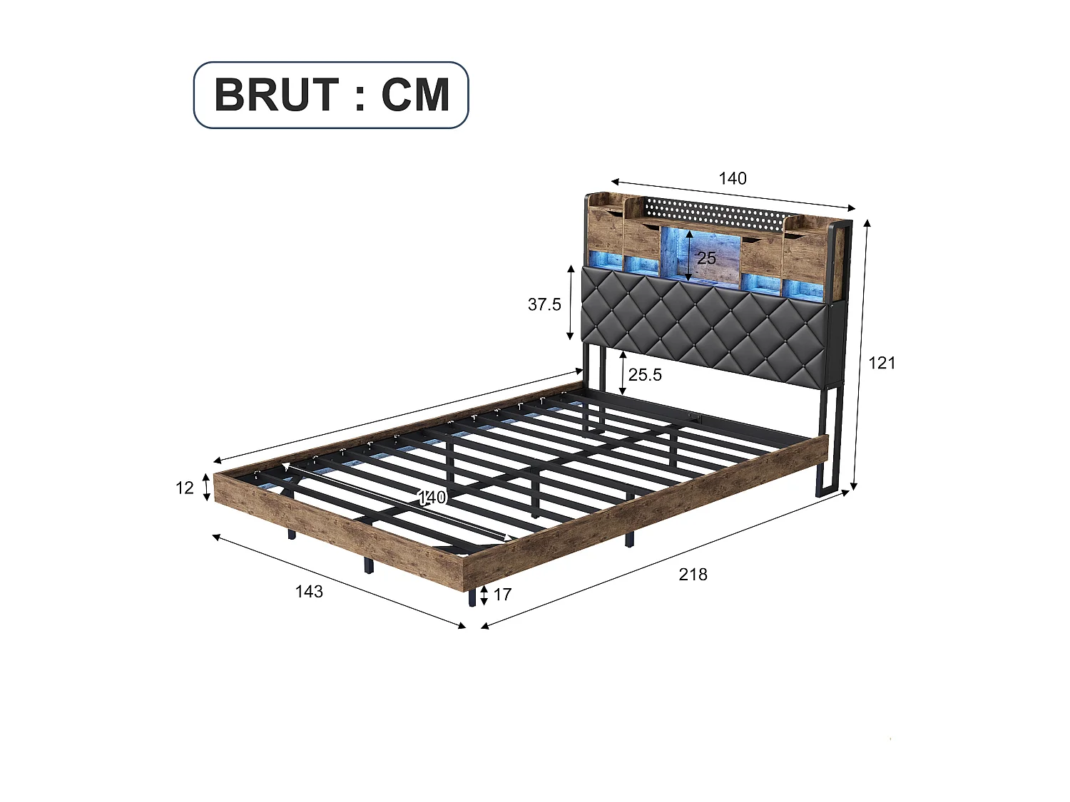 Cadre de lit 140x190 cm, LED et USB, lit flottant, avec Sommier à Lattes, lit double, PU, noir