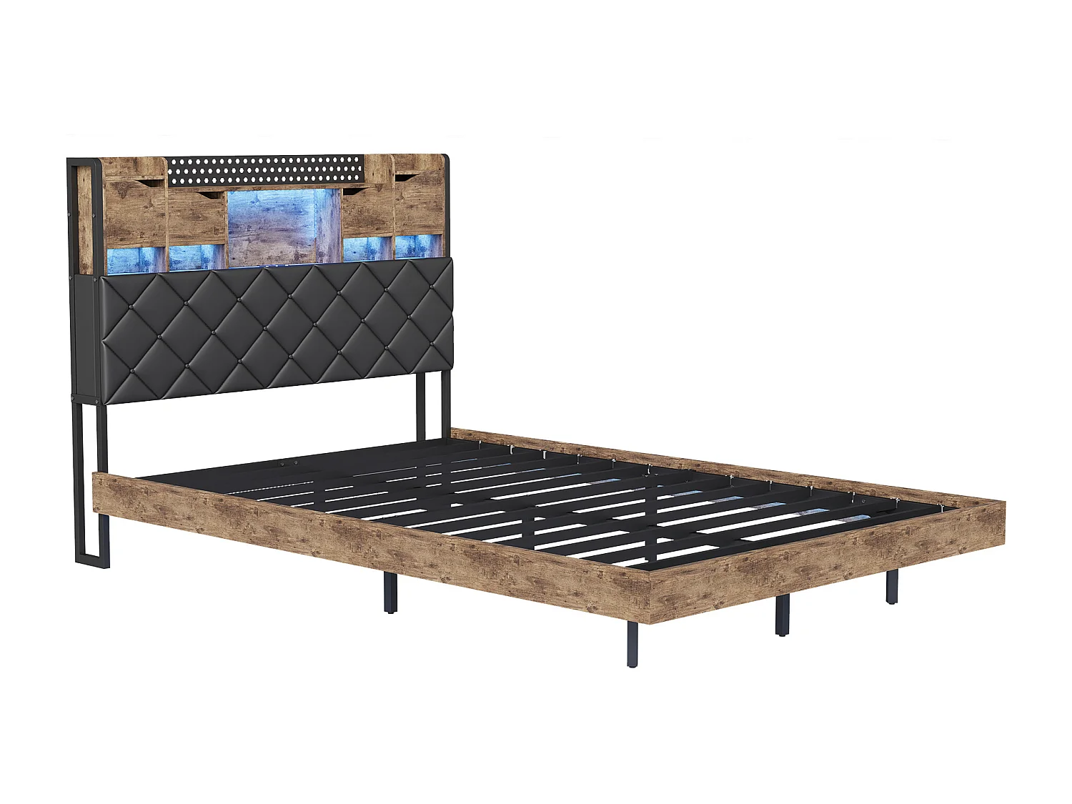 Cadre de lit 140x190 cm, LED et USB, lit flottant, avec Sommier à Lattes, lit double, PU, noir