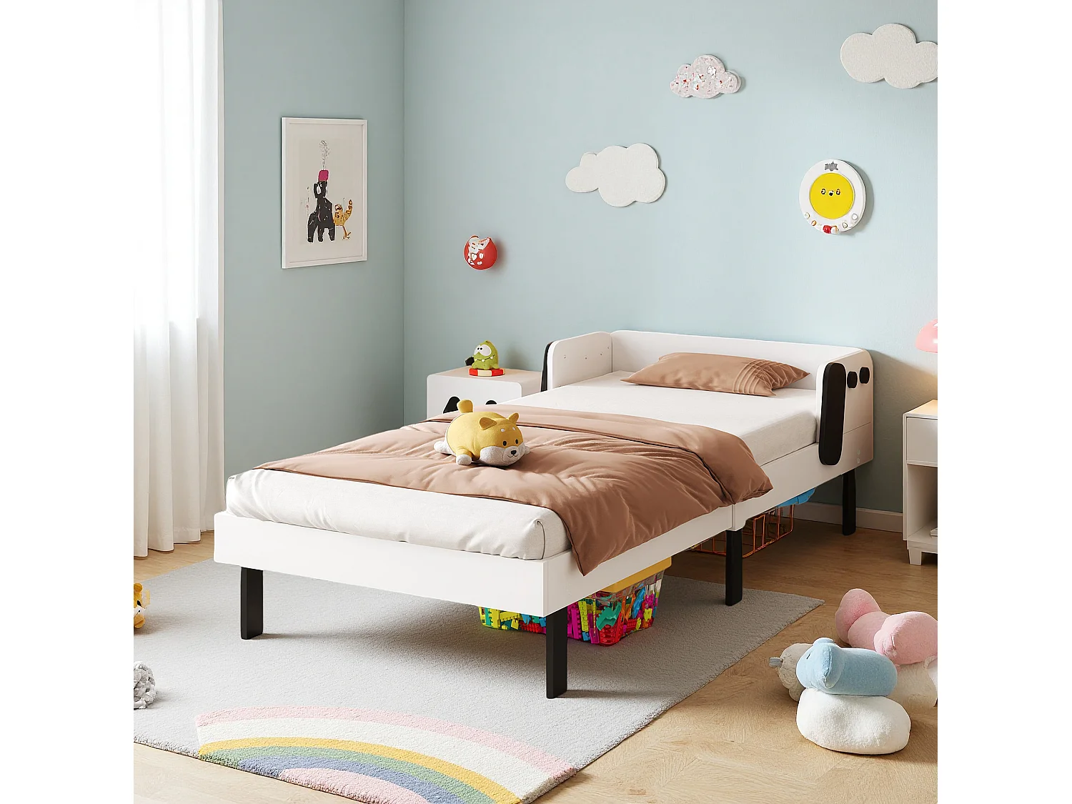 Lit enfant 90x200 cm, NEXU, modélisation chiot, lit une place, cadre de lit 90x200 cm, bois massif, blanc