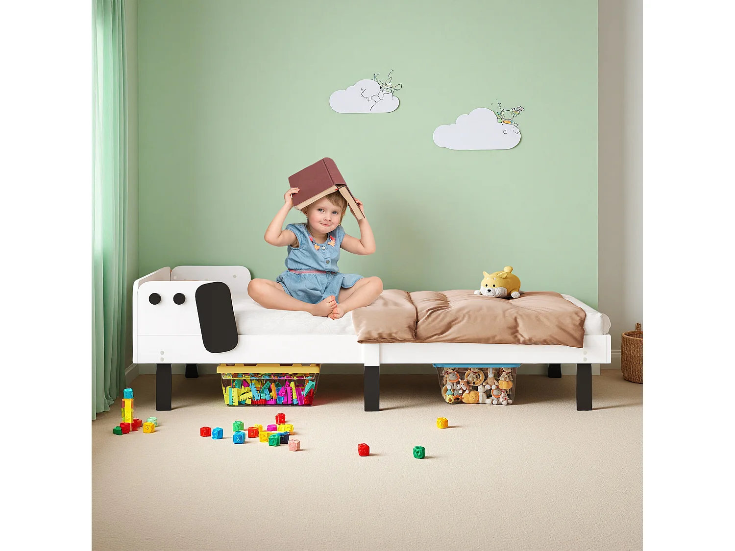Lit enfant 90x200 cm, NEXU, modélisation chiot, lit une place, cadre de lit 90x200 cm, bois massif, blanc