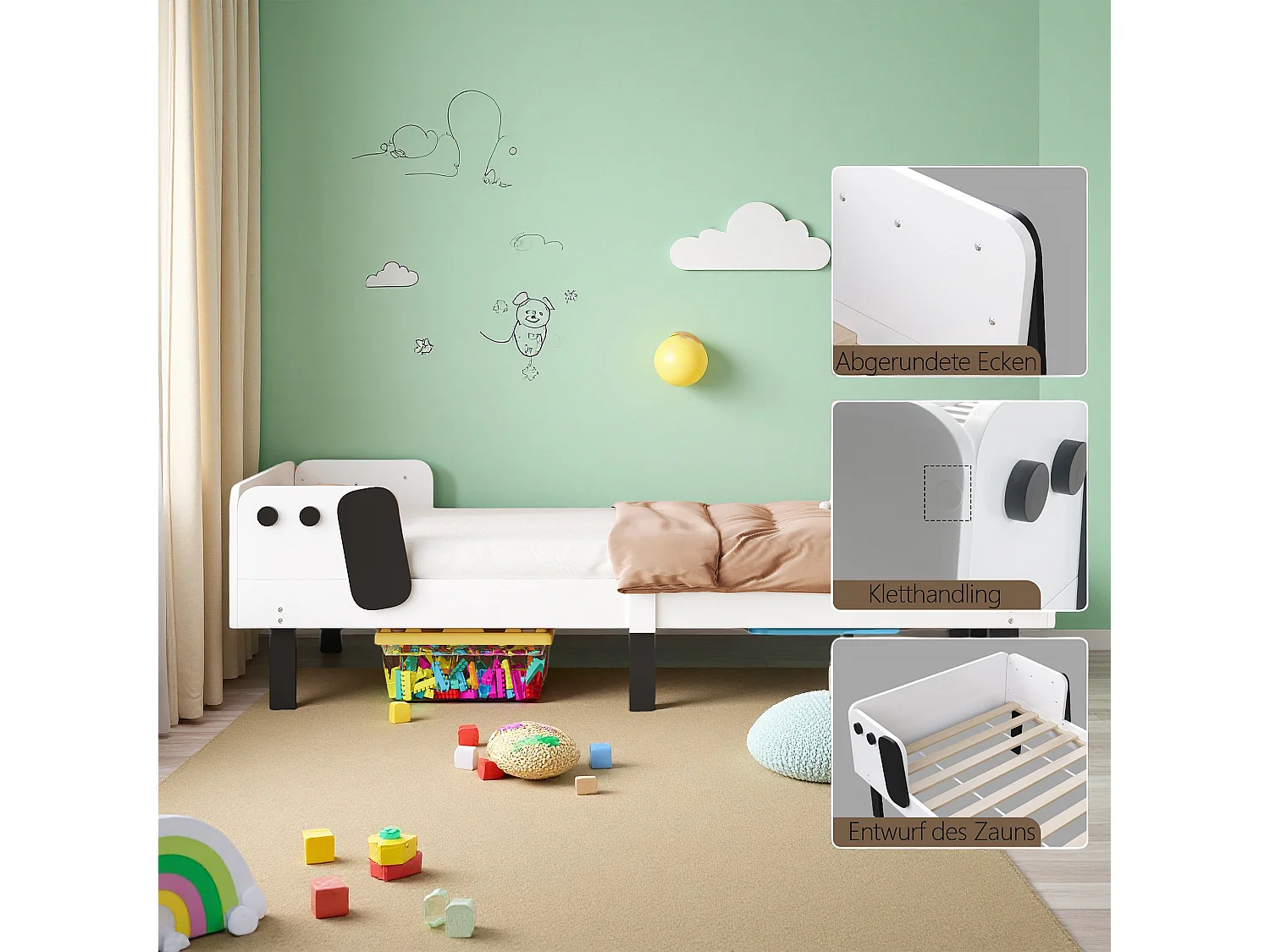 Lit enfant 90x200 cm, NEXU, modélisation chiot, lit une place, cadre de lit 90x200 cm, bois massif, blanc