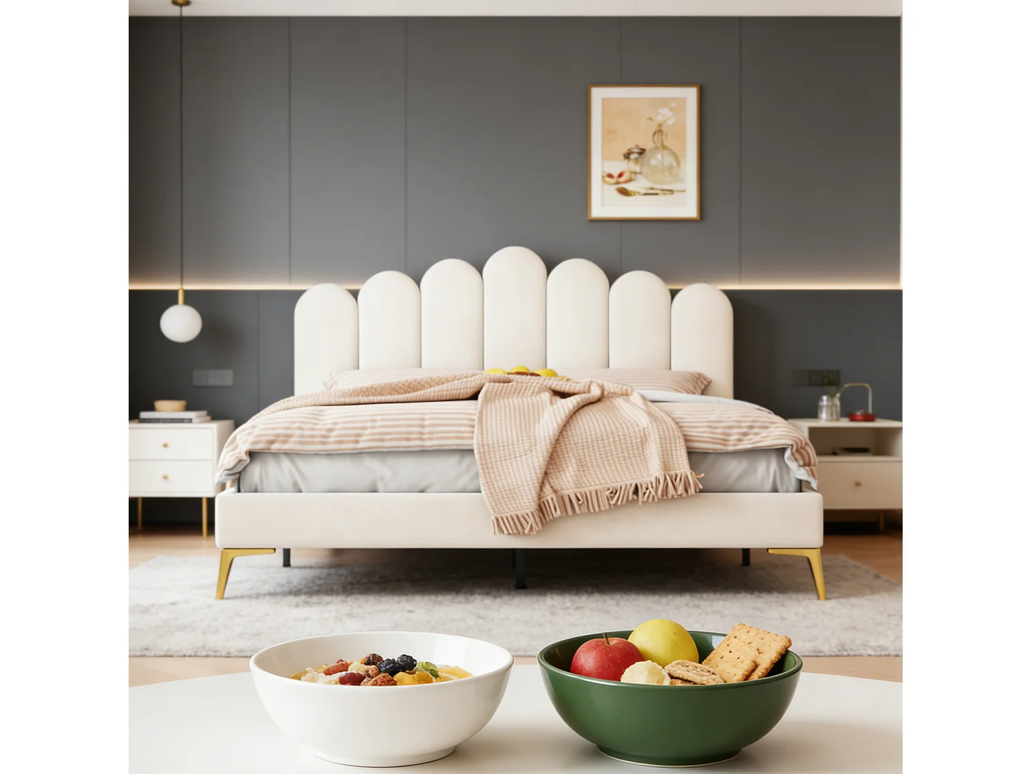 Lit 140x190 cm, Lit capitonné en Velours avec Tête de Lit et Sommier à Lattes, lit enfant pour 2 personnes, Beige