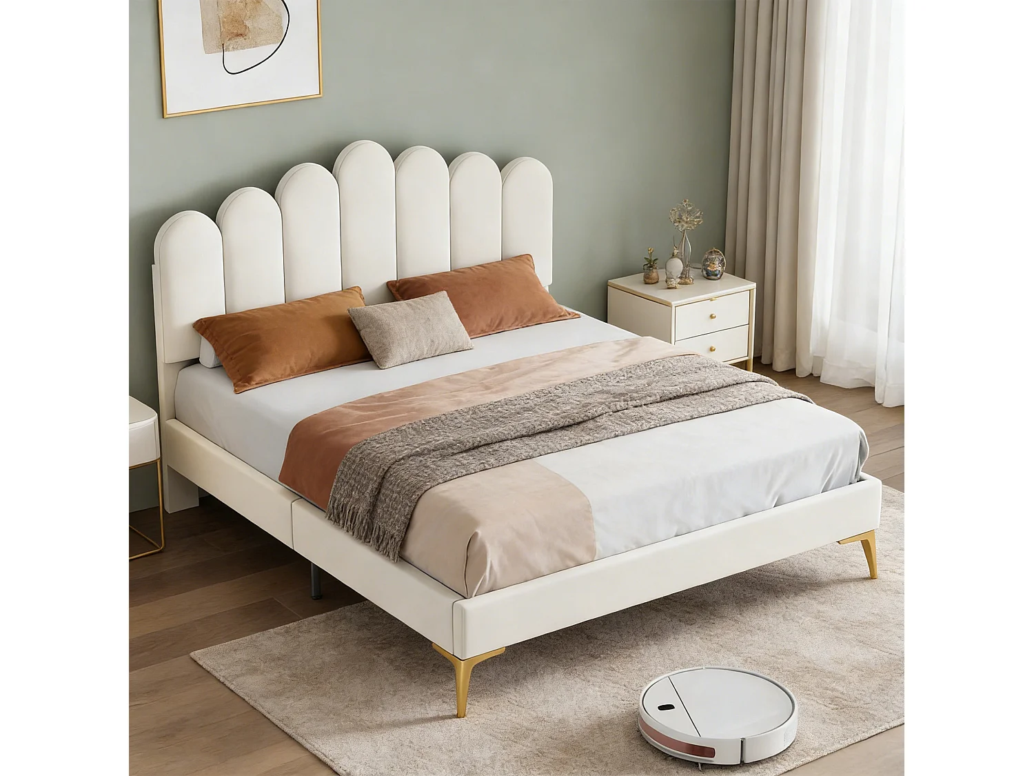 Lit 140x190 cm, Lit capitonné en Velours avec Tête de Lit et Sommier à Lattes, lit enfant pour 2 personnes, Beige
