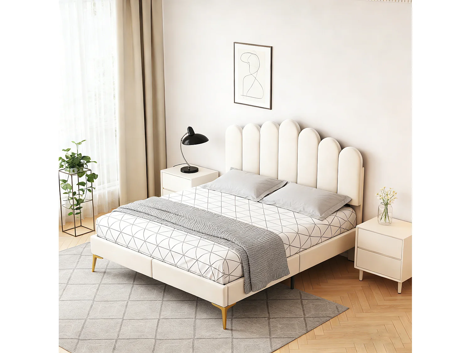 Lit 140x190 cm, Lit capitonné en Velours avec Tête de Lit et Sommier à Lattes, lit enfant pour 2 personnes, Beige