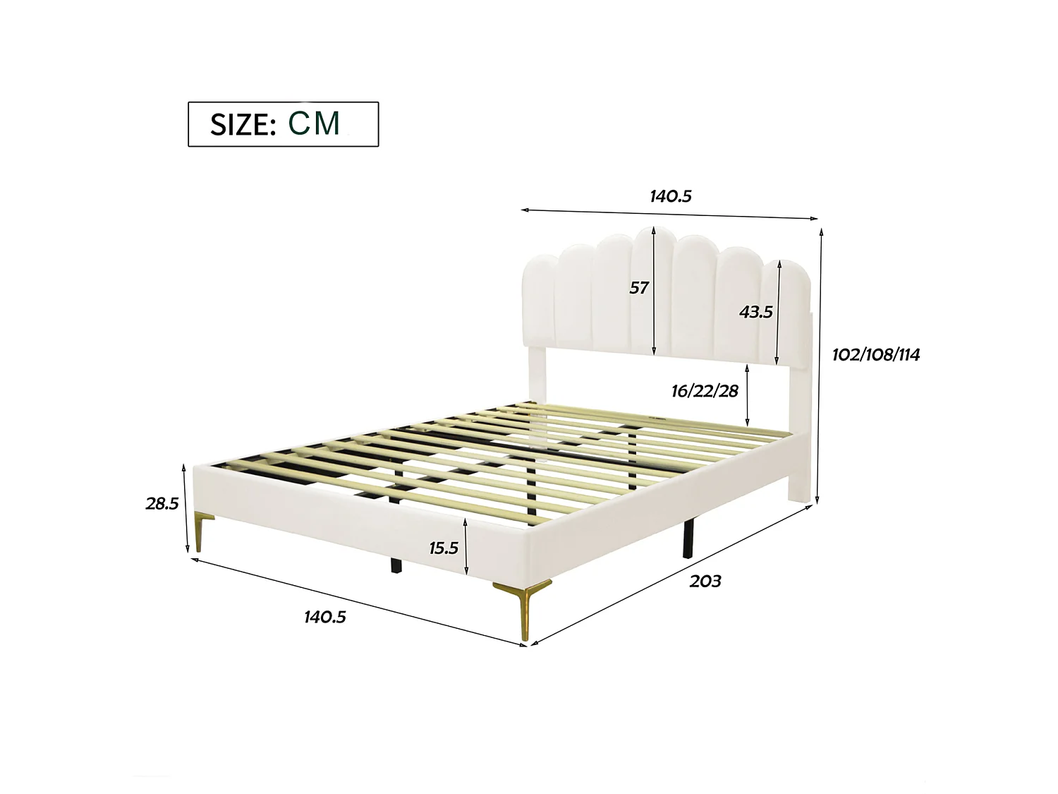Lit 140x190 cm, Lit capitonné en Velours avec Tête de Lit et Sommier à Lattes, lit enfant pour 2 personnes, Beige