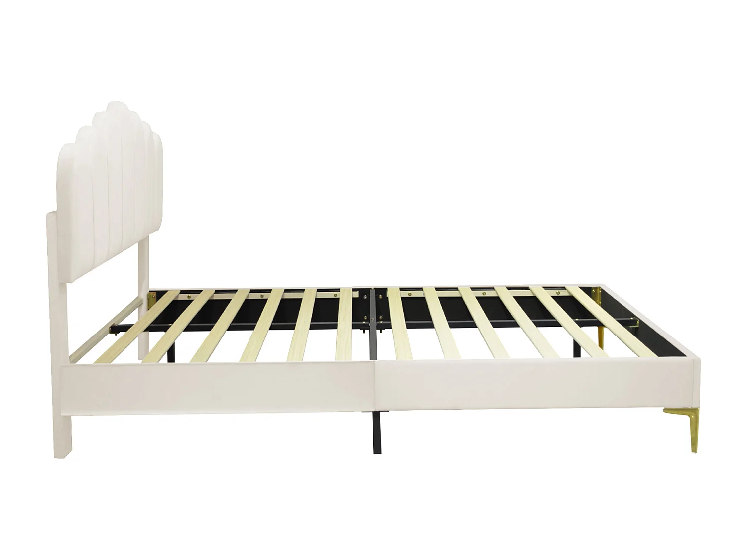 Lit 140x190 cm, Lit capitonné en Velours avec Tête de Lit et Sommier à Lattes, lit enfant pour 2 personnes, Beige