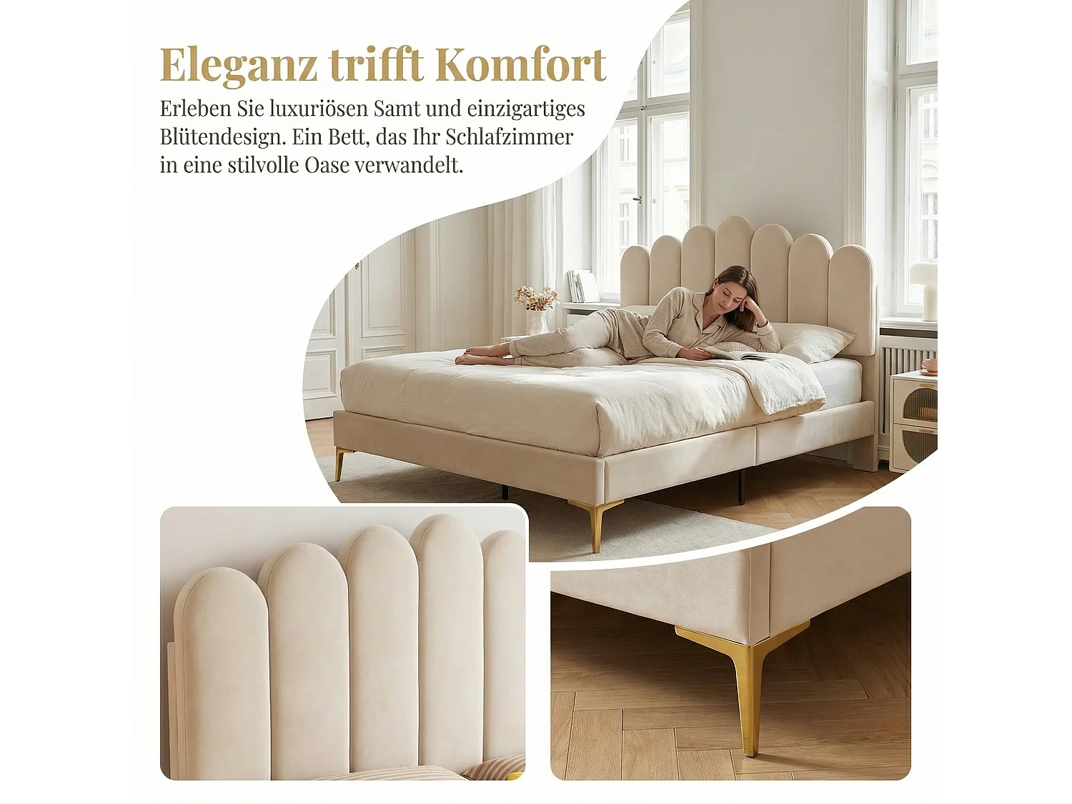 Lit double capitonné 140 x 200 cm avec sommier à lattes – Tête de lit rembourrée et revêtement en velours beige