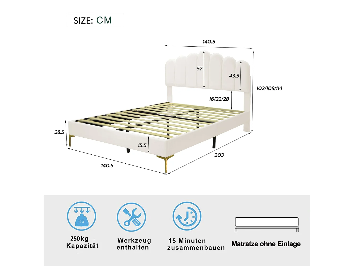 Lit double capitonné 140 x 200 cm avec sommier à lattes – Tête de lit rembourrée et revêtement en velours beige