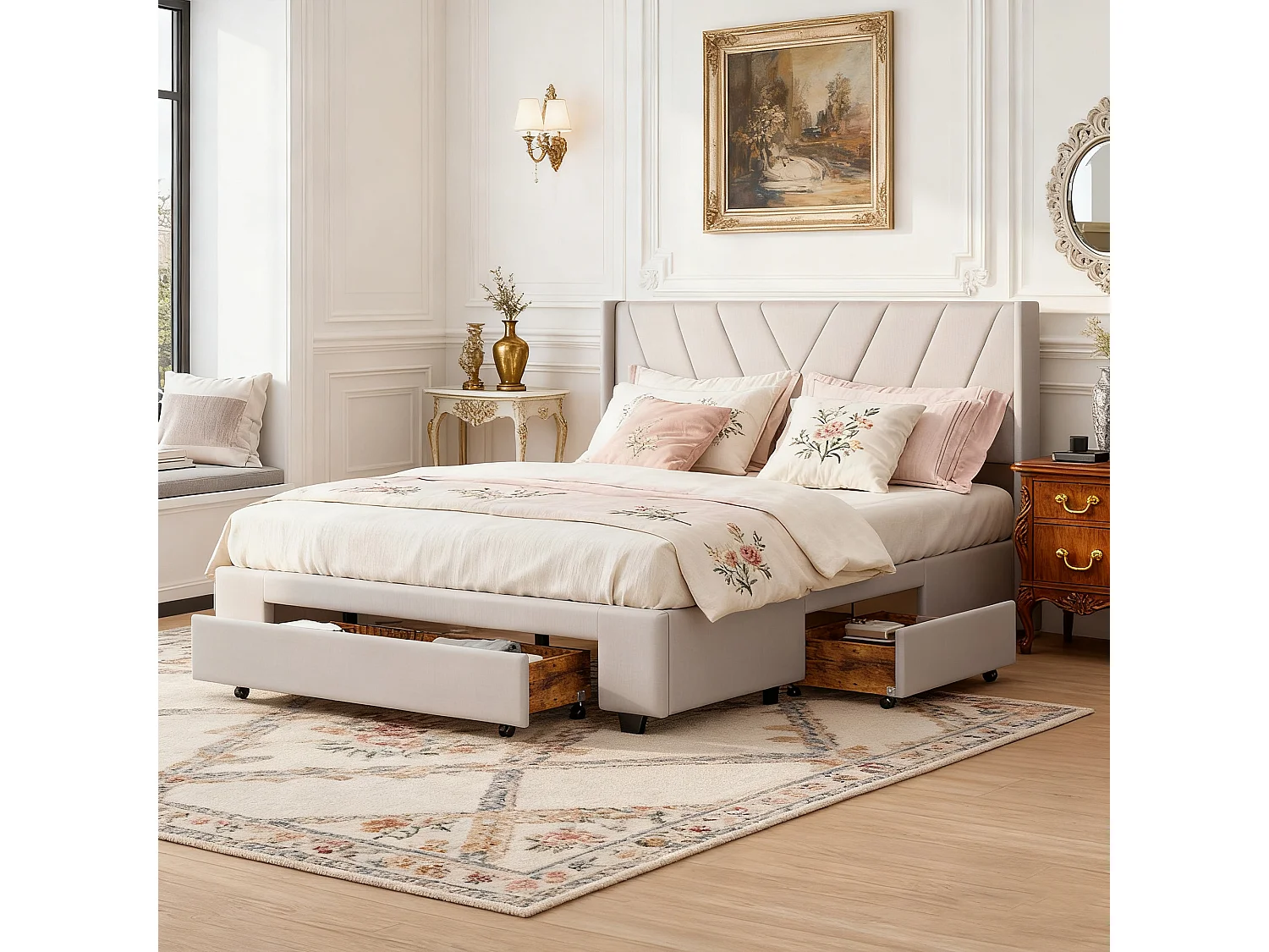 Cadre de lit 140x190 cm, NEXU, avec Sommier à Lattes, tiroirs, lit double, Lin, Beige
