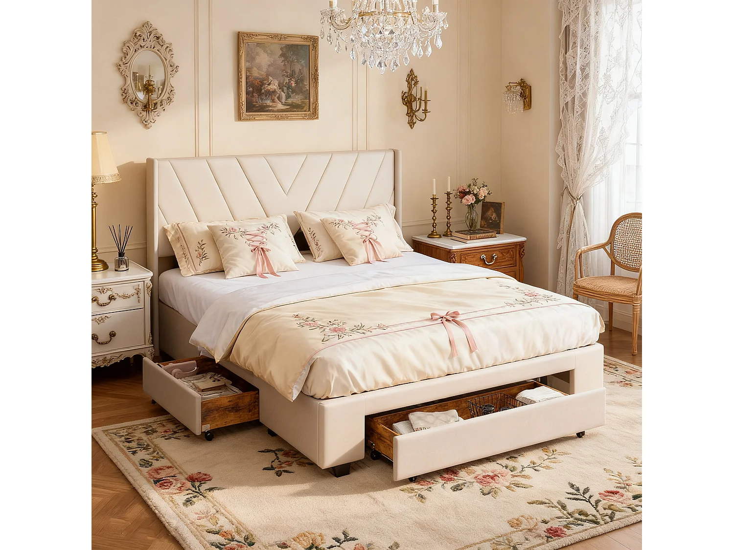 Cadre de lit 140x190 cm, NEXU, avec Sommier à Lattes, tiroirs, lit double, Lin, Beige
