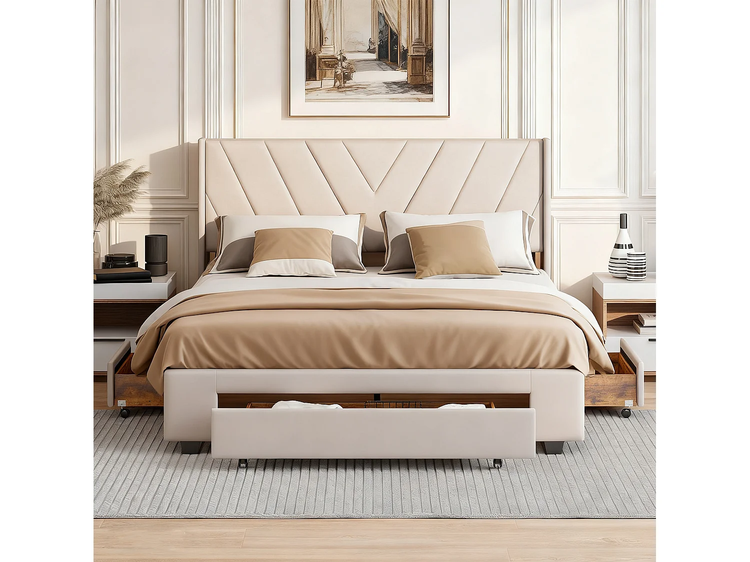 Cadre de lit 140x190 cm, NEXU, avec Sommier à Lattes, tiroirs, lit double, Lin, Beige