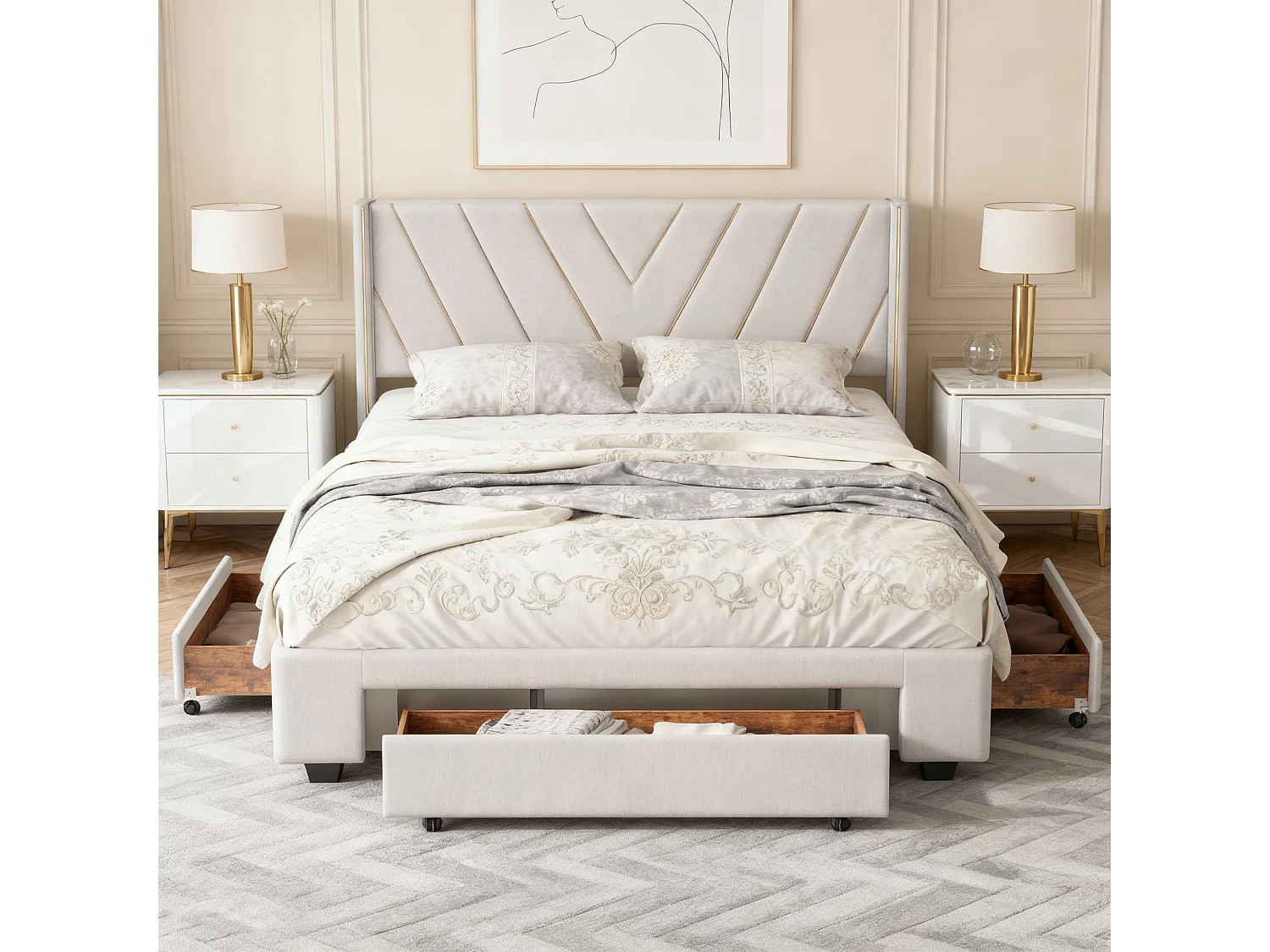 Cadre de lit 140x190 cm, NEXU, avec Sommier à Lattes, tiroirs, lit double, Lin, Beige