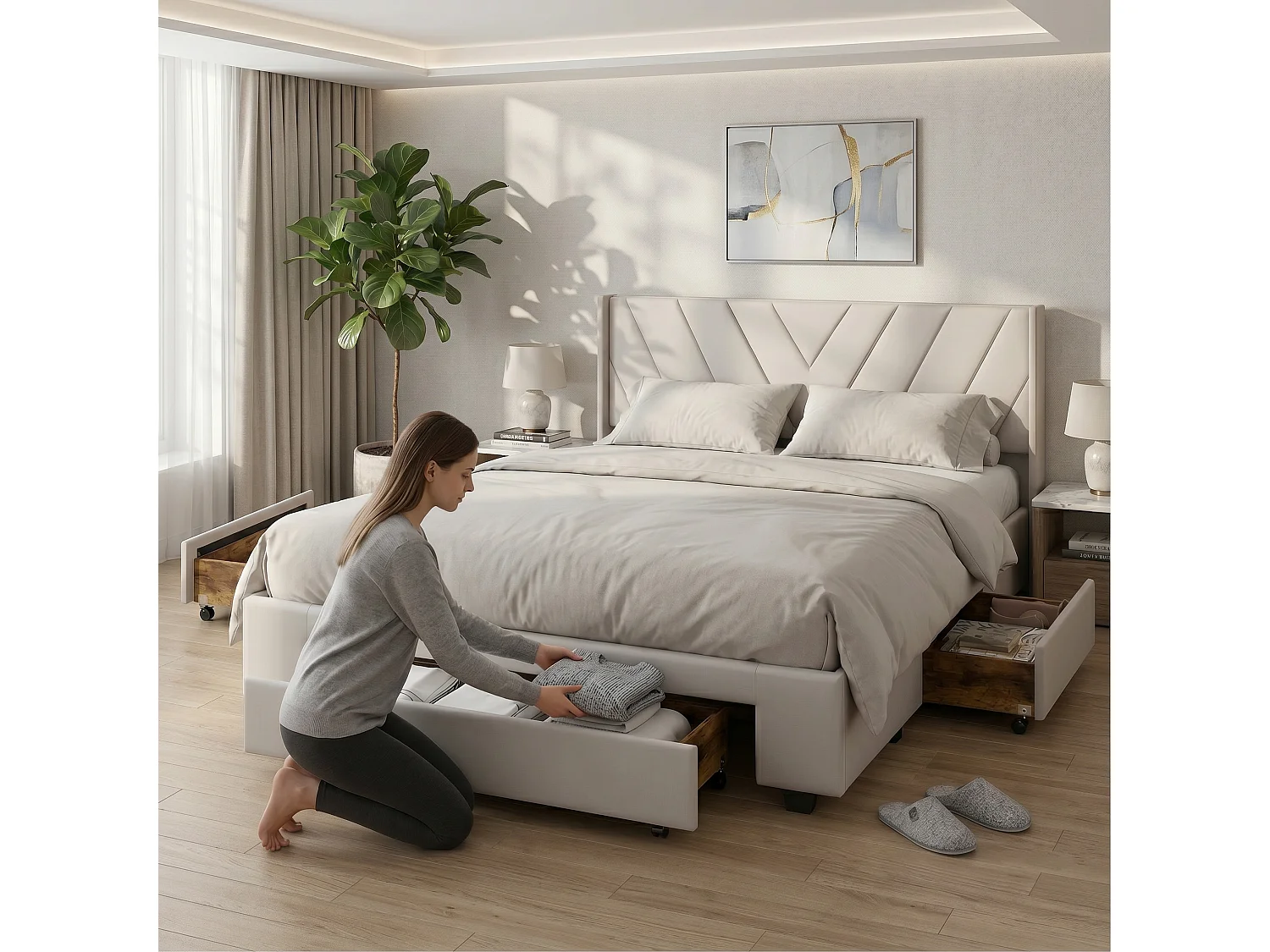 Lit double 140x190 cm avec sommier à lattes et tiroirs, cadre de lit en lin beige