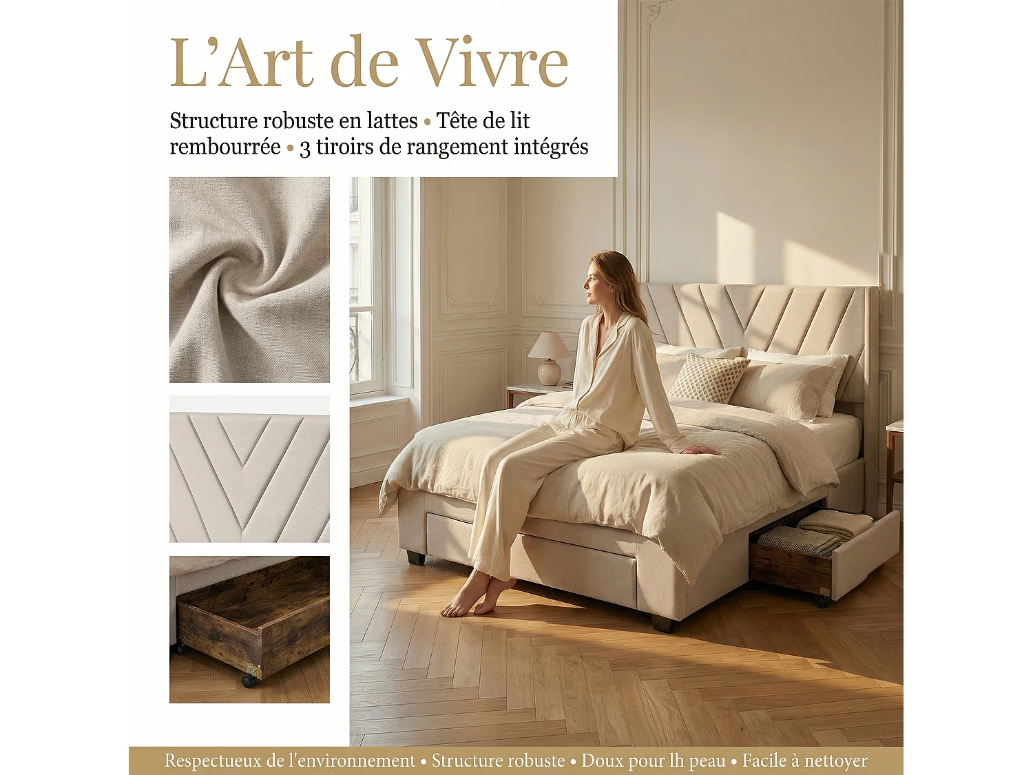 Lit double 140x190 cm avec sommier à lattes et tiroirs, cadre de lit en lin beige