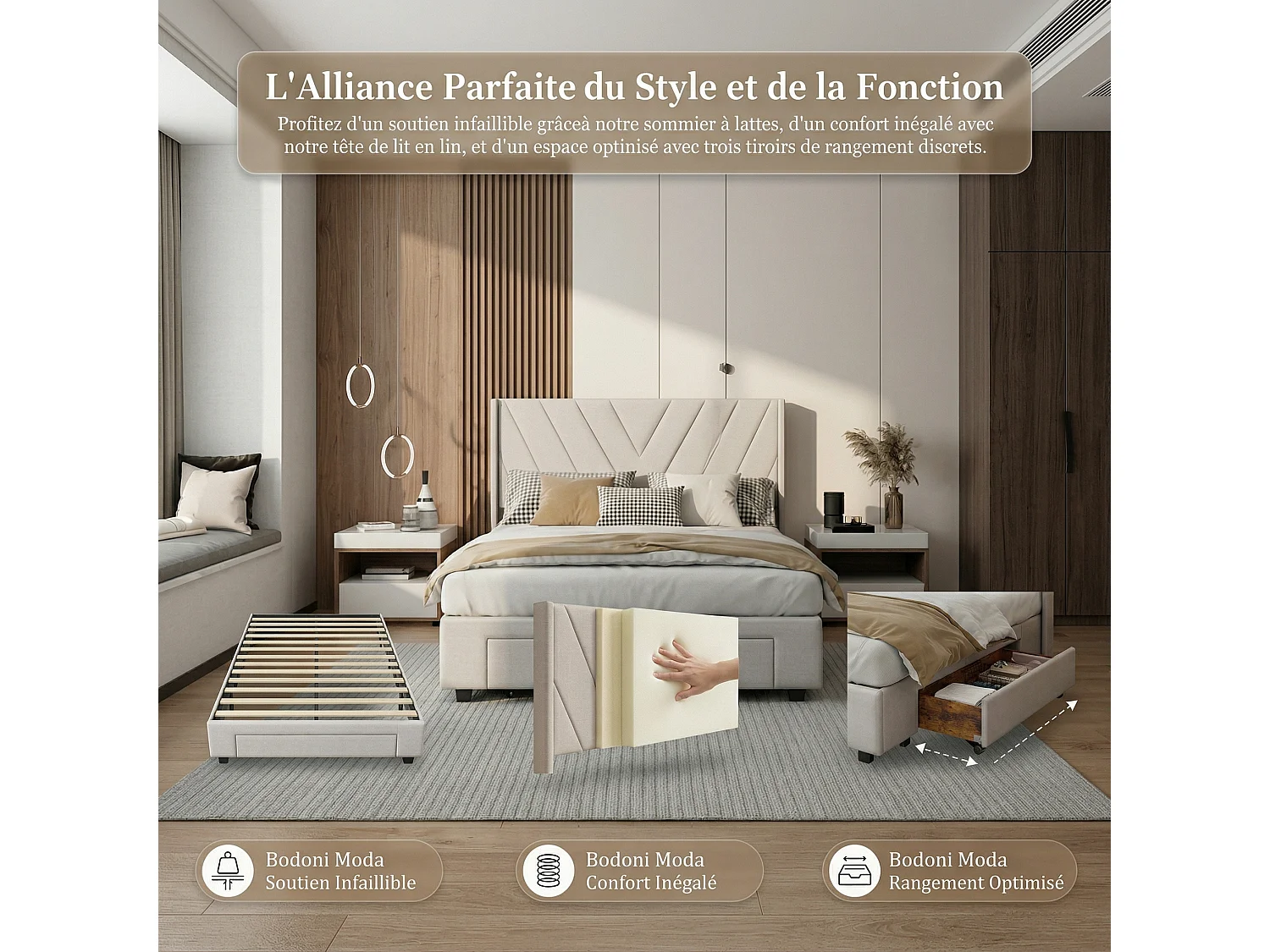 Lit double 140x190 cm avec sommier à lattes et tiroirs, cadre de lit en lin beige