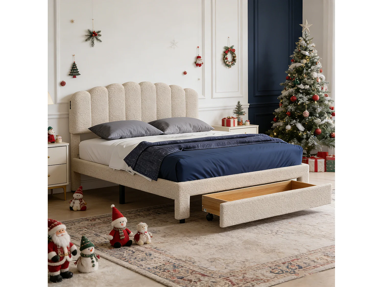 Lit double 140x190 cm - POCKETPOP - port USB - 1 tiroir - Velours Teddy beige - Tête ajustable