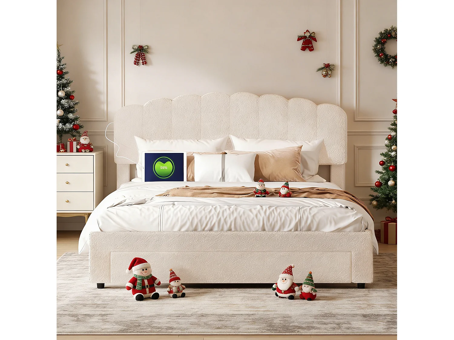 Lit double 140x190 cm - POCKETPOP - port USB - 1 tiroir - Velours Teddy beige - Tête ajustable