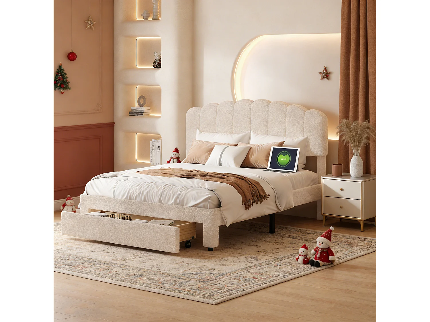 Lit double 140x190 cm - POCKETPOP - port USB - 1 tiroir - Velours Teddy beige - Tête ajustable