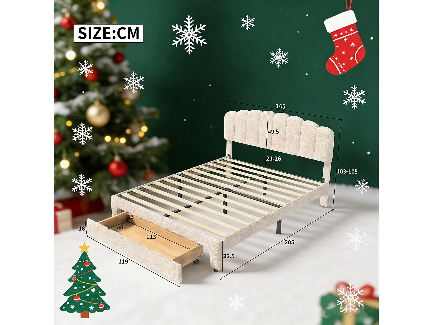 Lit double 140x190 cm - POCKETPOP - port USB - 1 tiroir - Velours Teddy beige - Tête ajustable