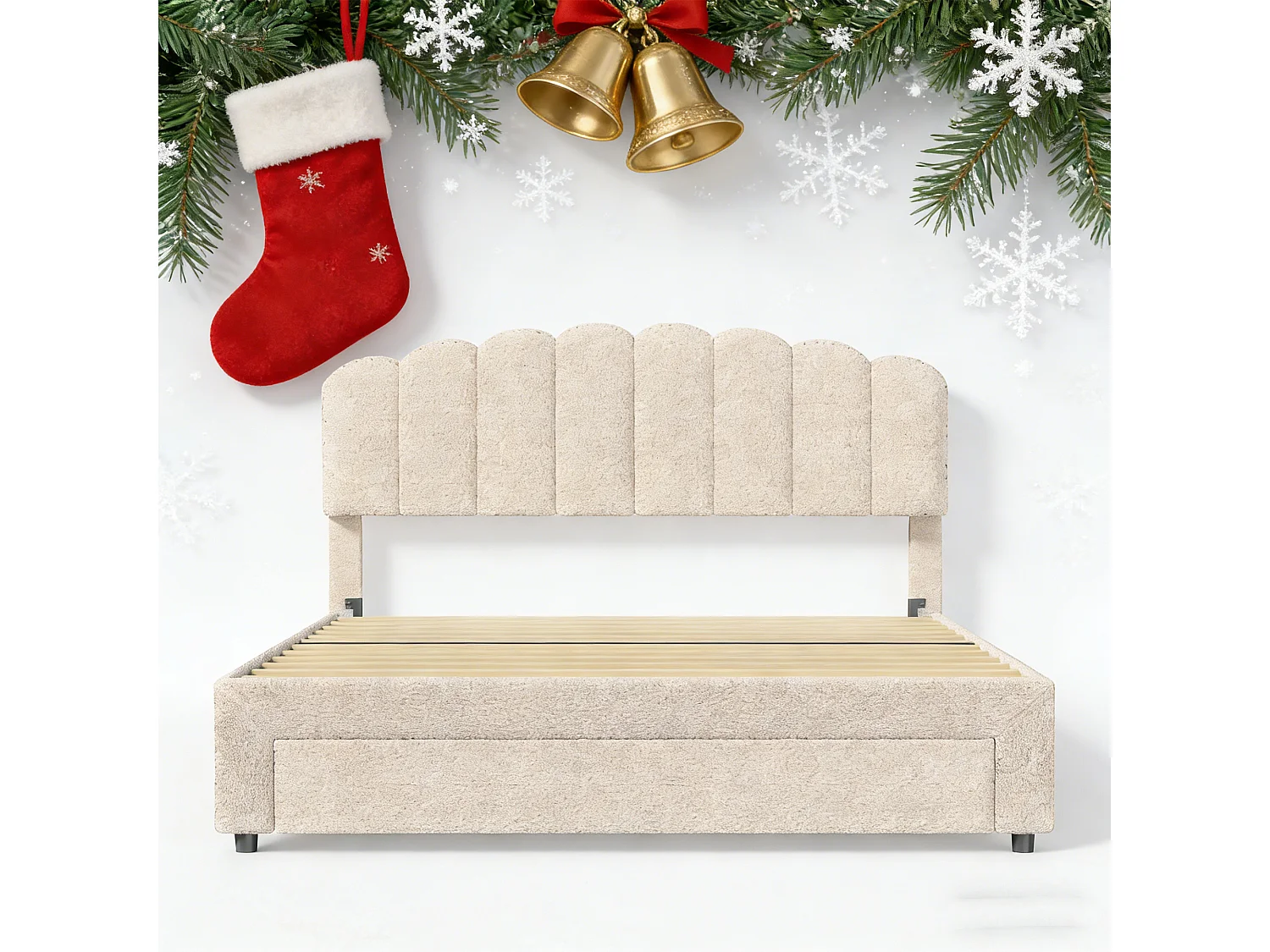 Lit double 140x190 cm - POCKETPOP - port USB - 1 tiroir - Velours Teddy beige - Tête ajustable