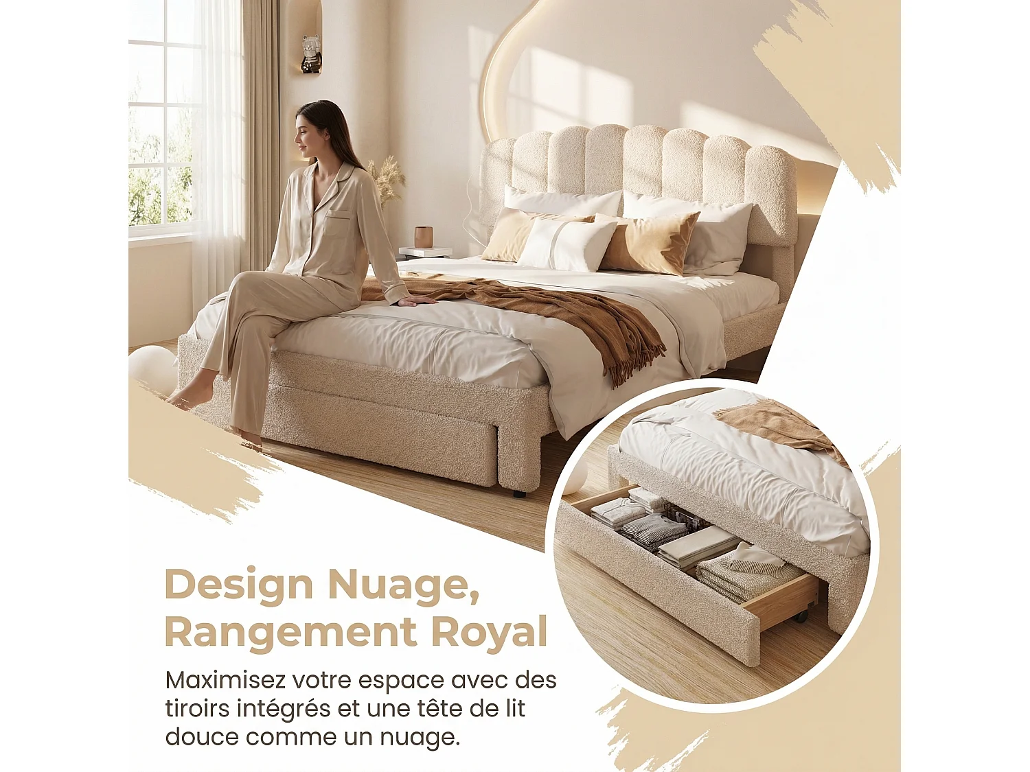 Lit Double 140x200 cm - Tissu Bouclette Teddy - Tête de Lit Rembourrée - Port USB Intégré - Tiroir de Rangement - Sommier à Lattes - Beige