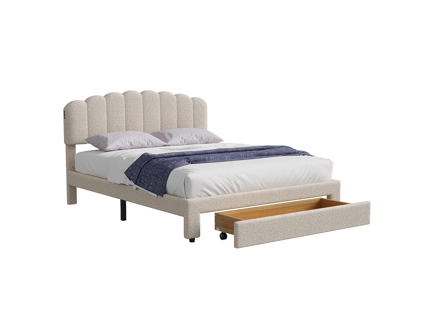 Lit Double 140x200 cm - Tissu Bouclette Teddy - Tête de Lit Rembourrée - Port USB Intégré - Tiroir de Rangement - Sommier à Lattes - Beige
