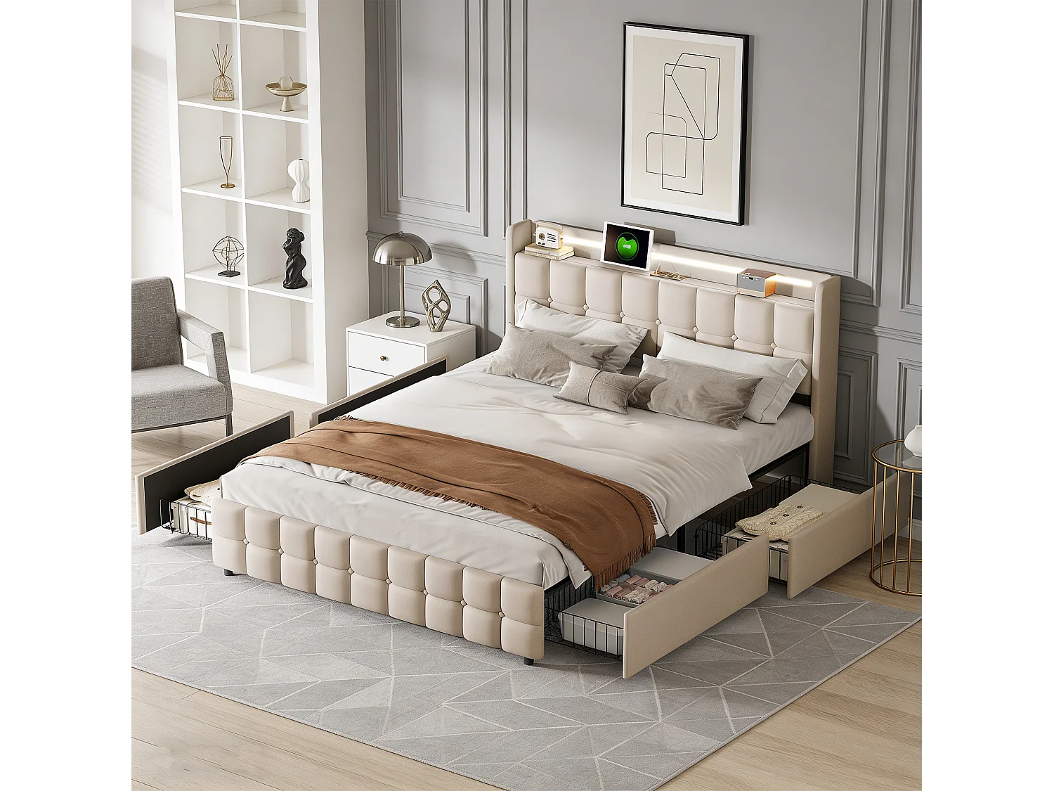 Lit double 160x200 cm avec tiroirs, USB, tête de lit LED, sommier à lattes,  Lin, adapté aux adultes- beige