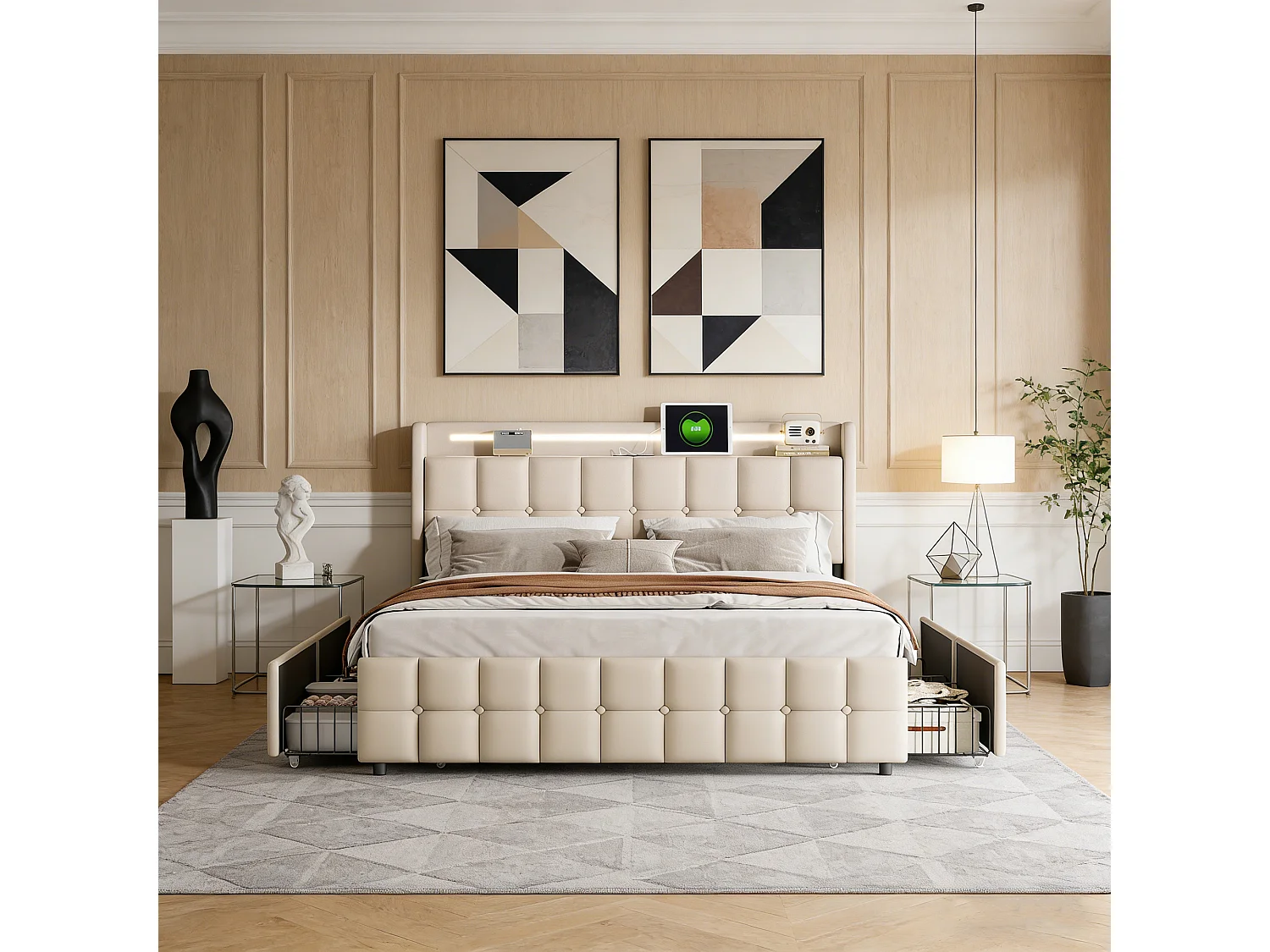Lit double 160x200 cm avec tiroirs, USB, tête de lit LED, sommier à lattes,  Lin, adapté aux adultes- beige