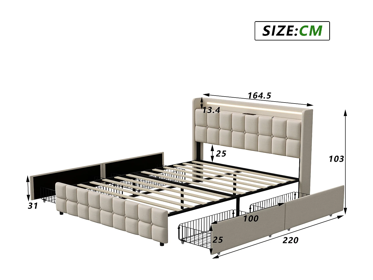 Lit double 160x200 cm avec tiroirs, USB, tête de lit LED, sommier à lattes,  Lin, adapté aux adultes- beige