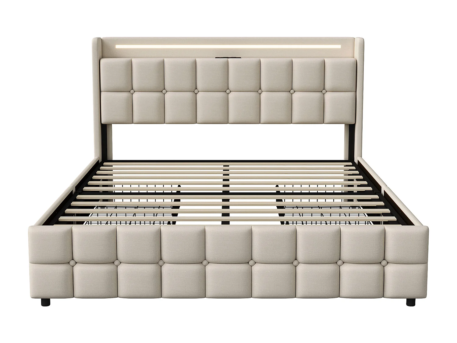 Lit double 160x200 cm avec tiroirs, USB, tête de lit LED, sommier à lattes,  Lin, adapté aux adultes- beige
