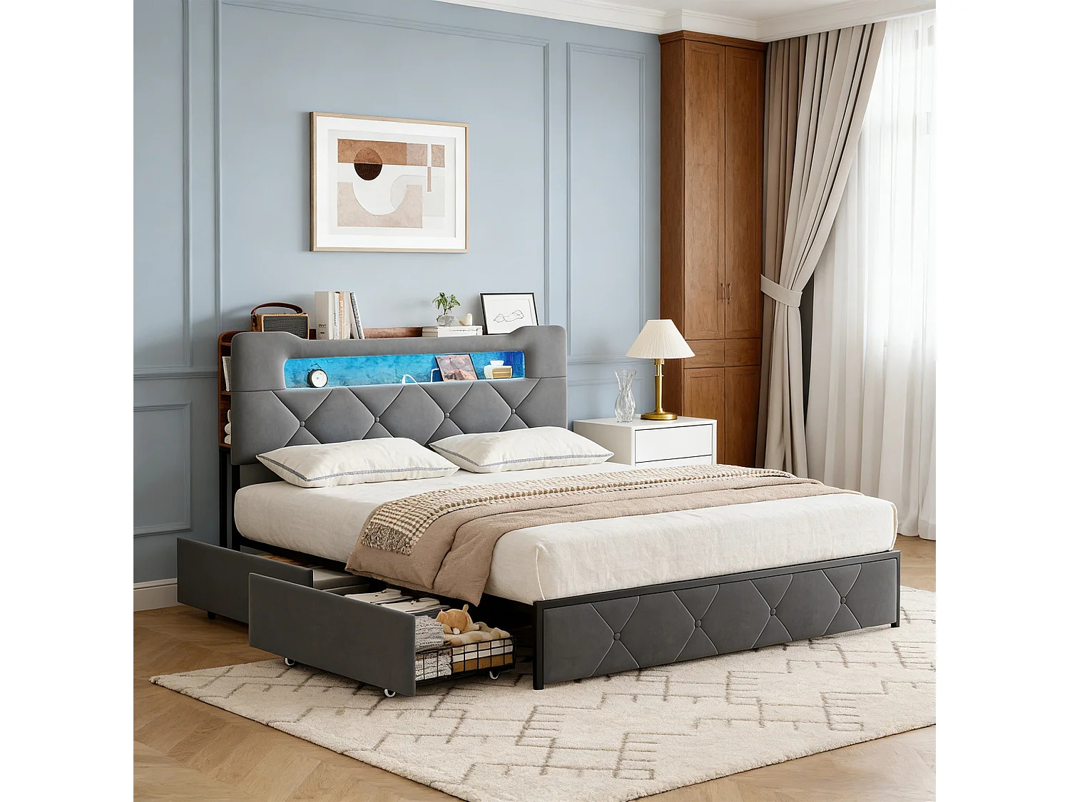 POCKETPOP Lit adulte 140x190 cm - 4 tiroirs et LED - Scandinave - Velours gris