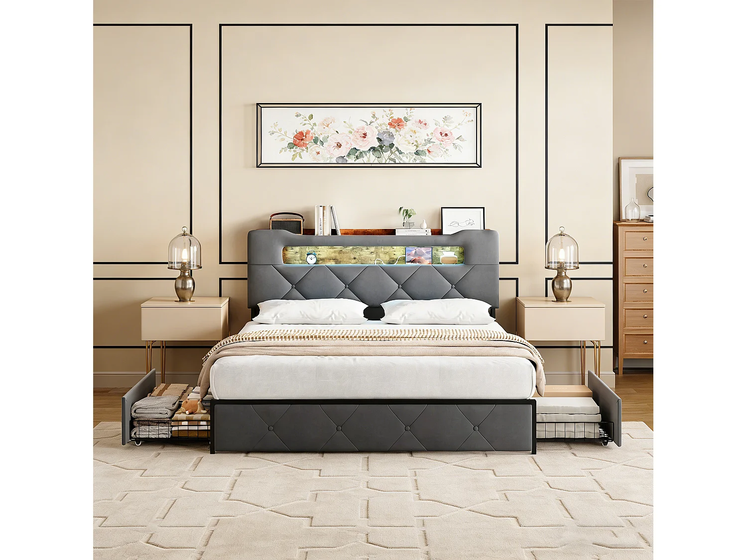 POCKETPOP Lit adulte 140x190 cm - 4 tiroirs et LED - Scandinave - Velours gris