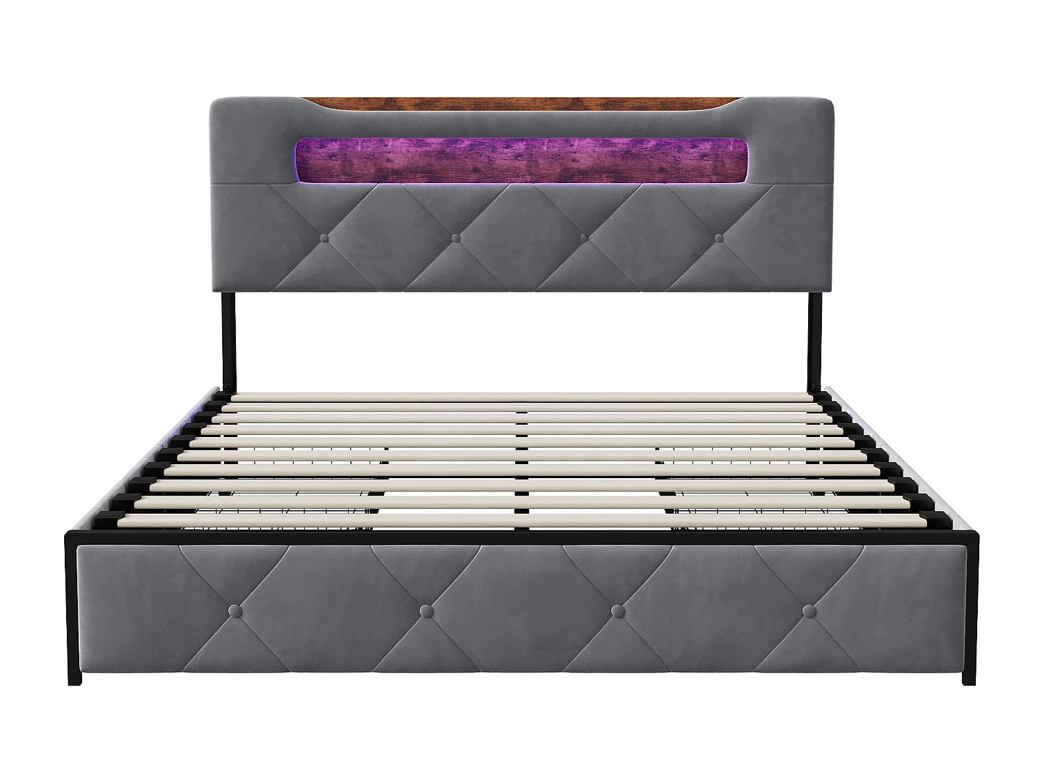 POCKETPOP Lit adulte 140x190 cm - 4 tiroirs et LED - Scandinave - Velours gris