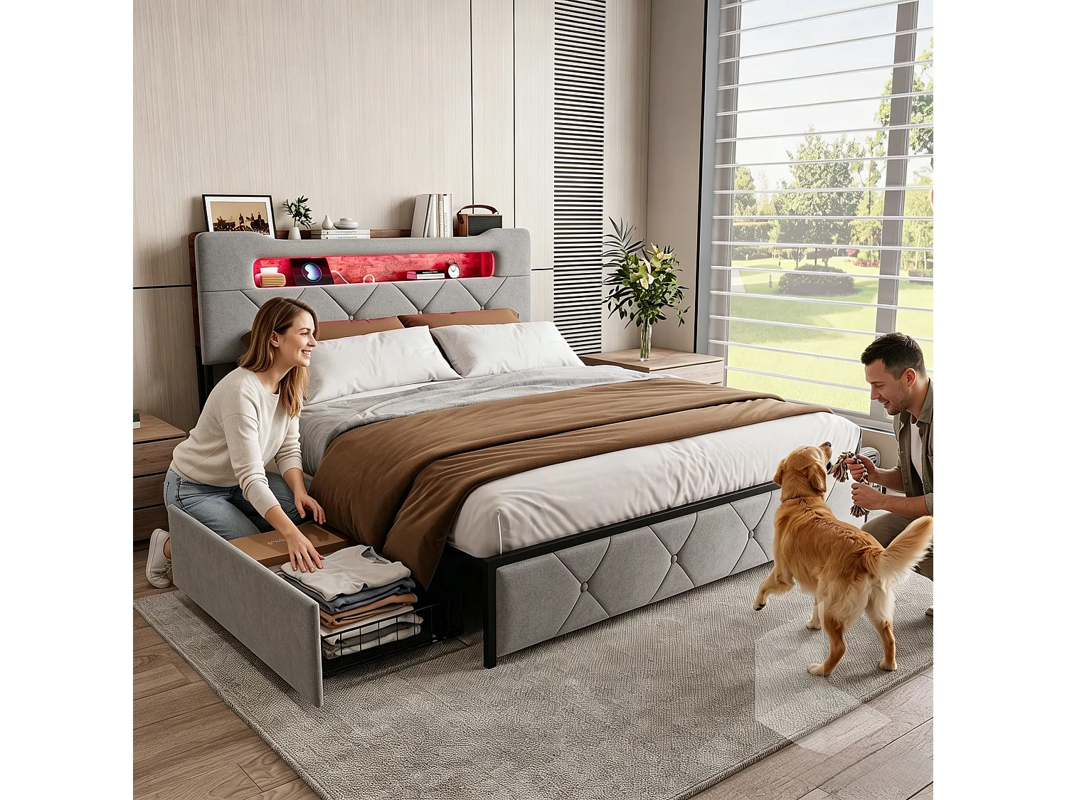 Volwassenenbed 140x190 cm - 4 lades en ledverlichting - Scandinavische stijl - Grijs fluweel