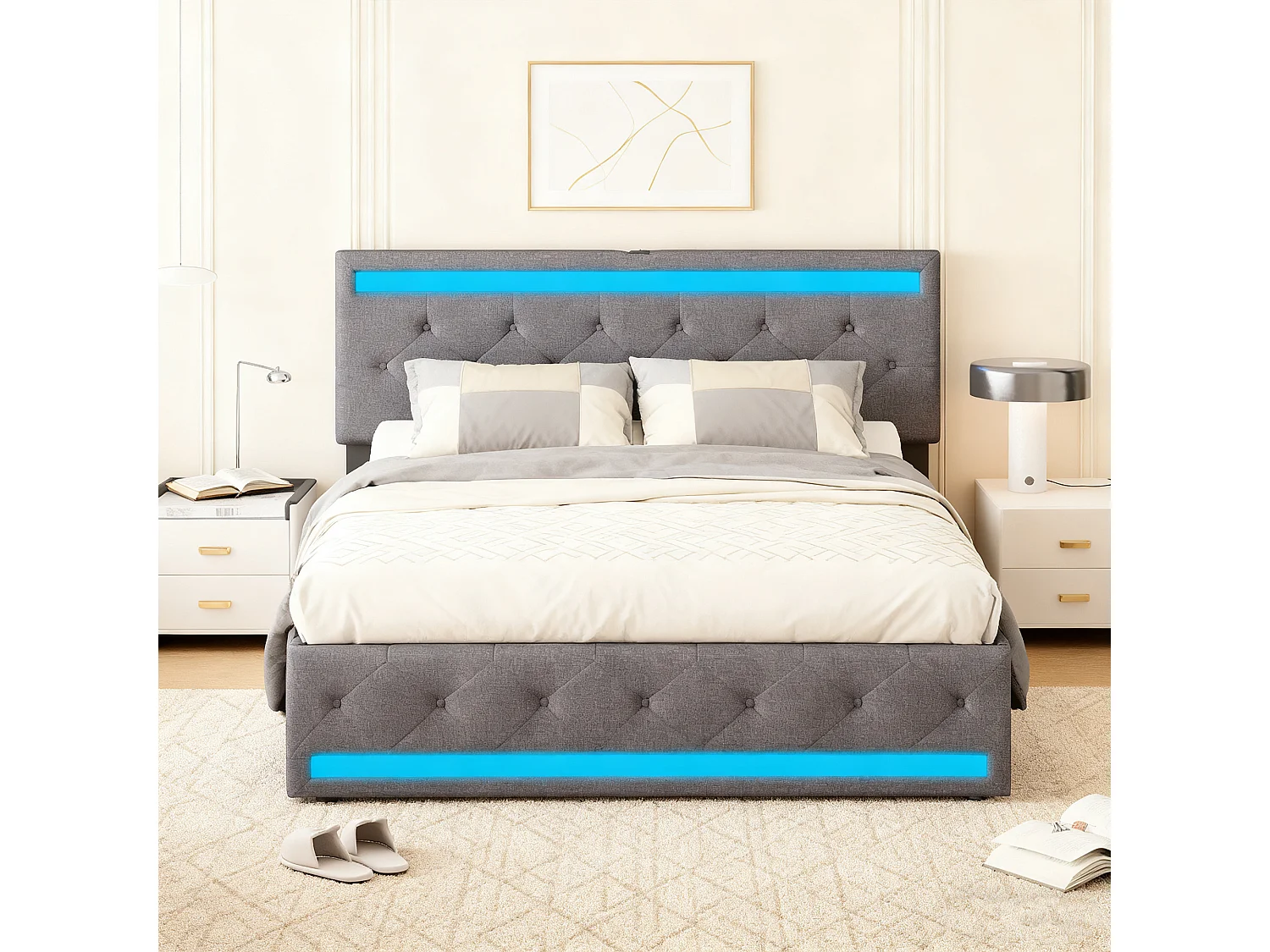 Lit 140x190 - POCKETPOP - Lin Gris foncé - Tête de lit réglable - USB et LED - 4 tiroirs