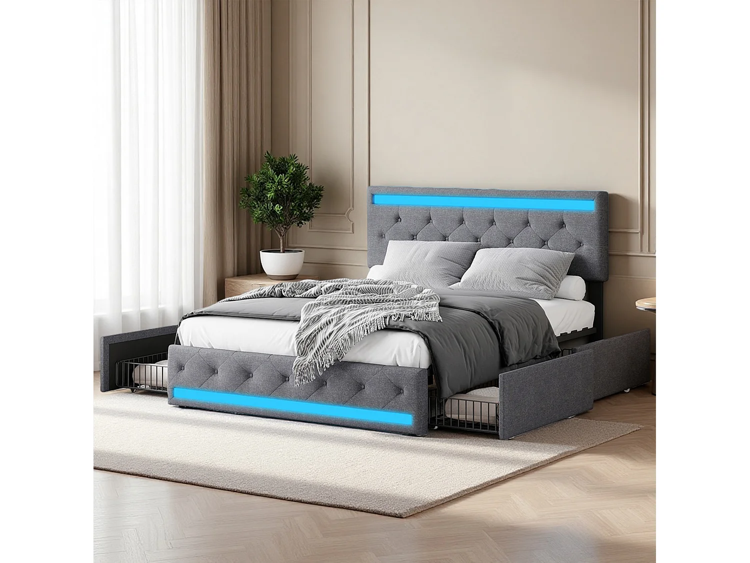 Lit 140x190 - POCKETPOP - Lin Gris foncé - Tête de lit réglable - USB et LED - 4 tiroirs