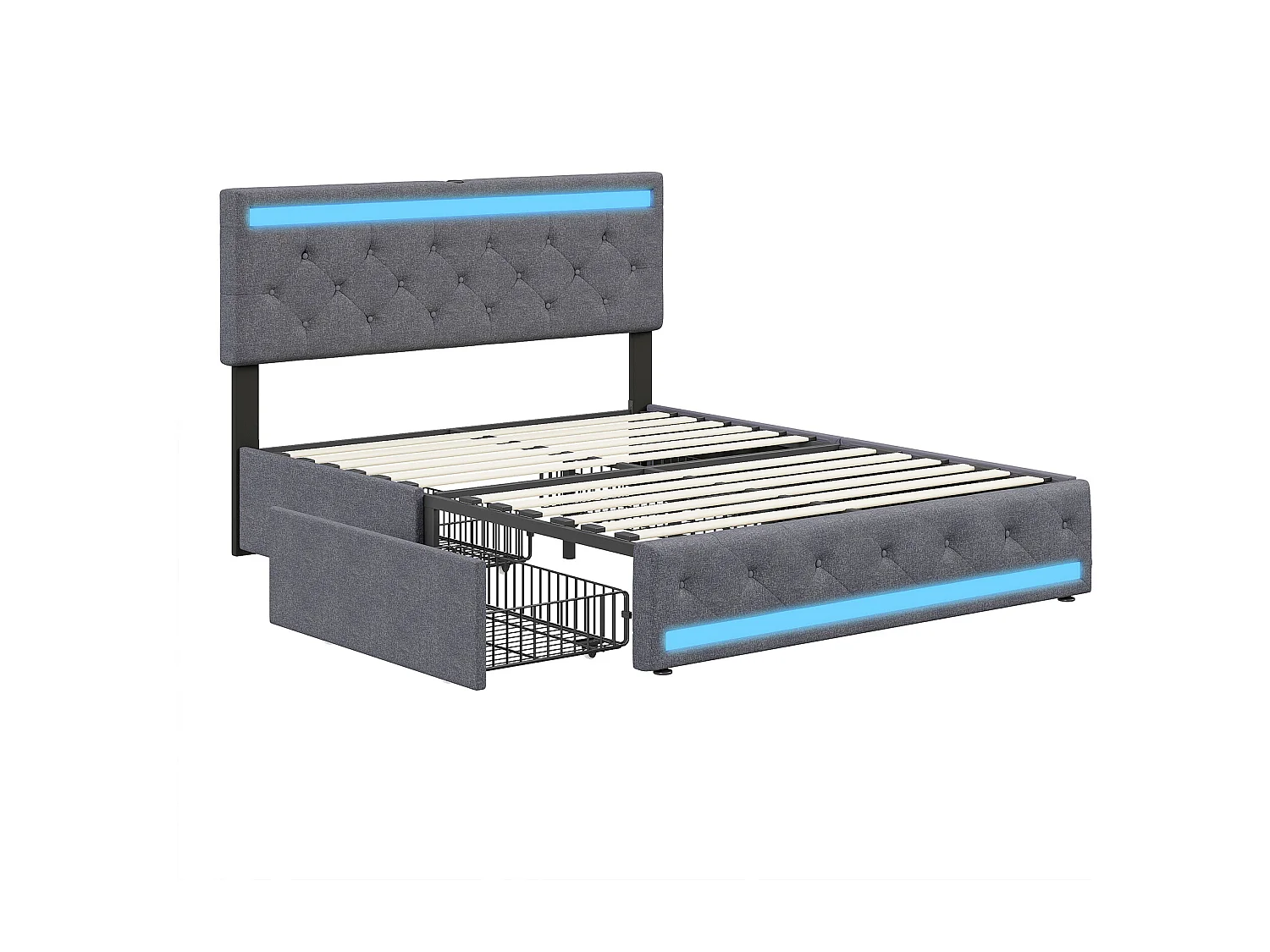 Lit 140x190 - POCKETPOP - Lin Gris foncé - Tête de lit réglable - USB et LED - 4 tiroirs