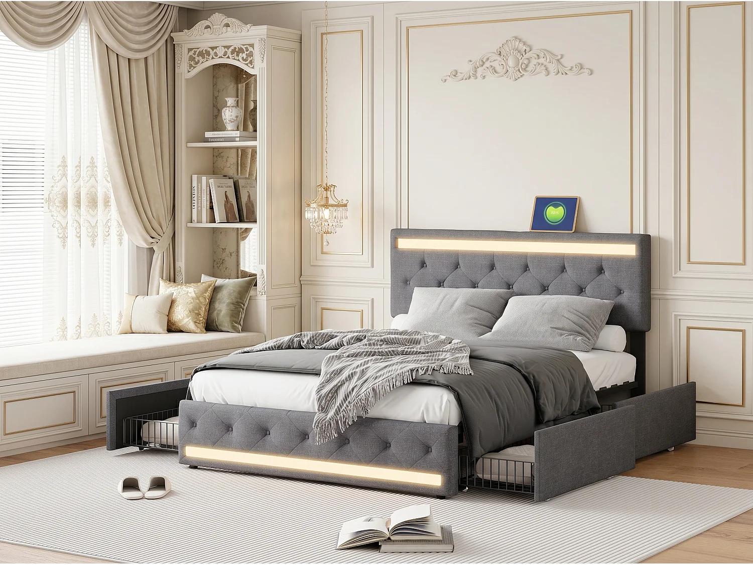 Lit double 140 x 190 cm – Tête de lit réglable, 4 tiroirs, ports USB et éclairage LED – Tissu en lin gris foncé – POCKETPOP