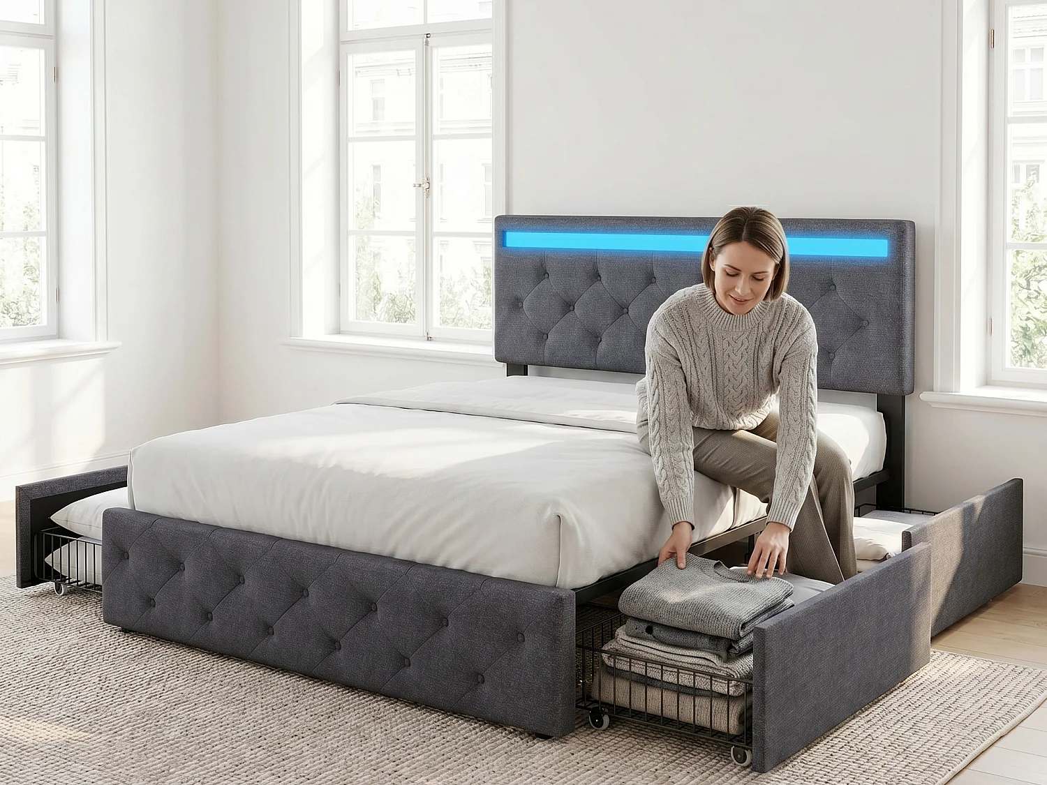 Lit double 140 x 190 cm – Tête de lit réglable, 4 tiroirs, ports USB et éclairage LED – Tissu en lin gris foncé – POCKETPOP