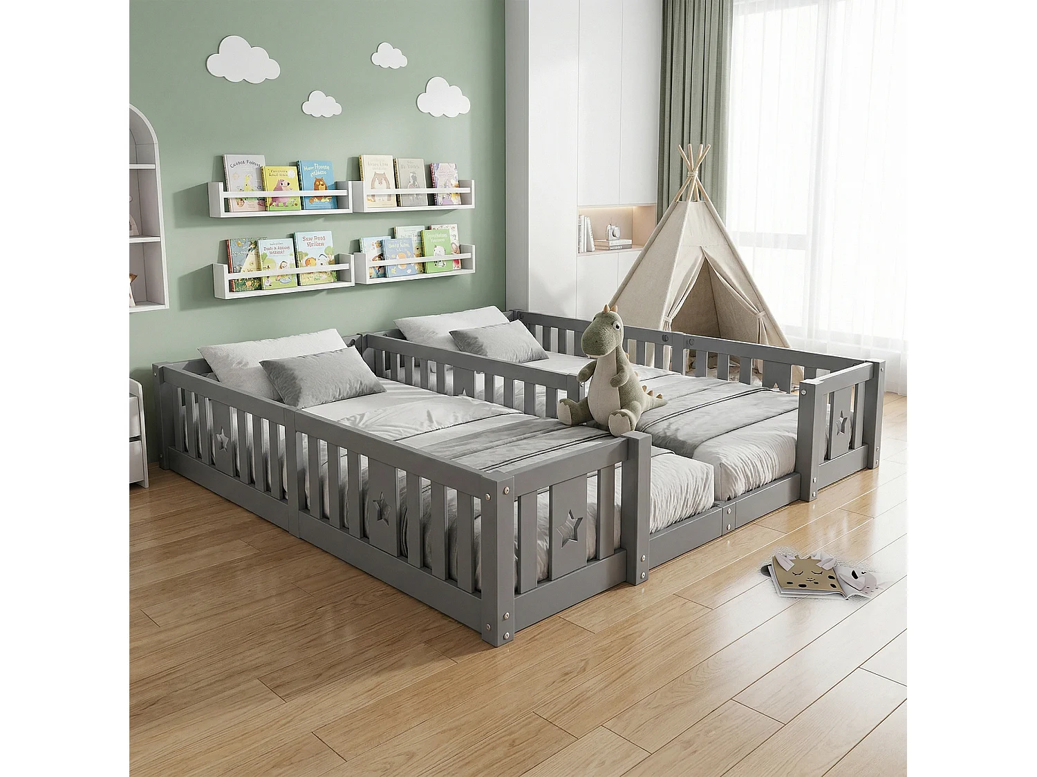 Lit enfant - Lit de Sol - Lit double - 90 x 200 cm - Avec sommier à lattes - Motif en étoile - Bois Massif - Gris
