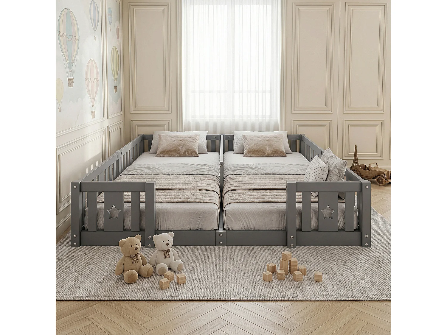 Lit enfant - Lit de Sol - Lit double - 90 x 200 cm - Avec sommier à lattes - Motif en étoile - Bois Massif - Gris